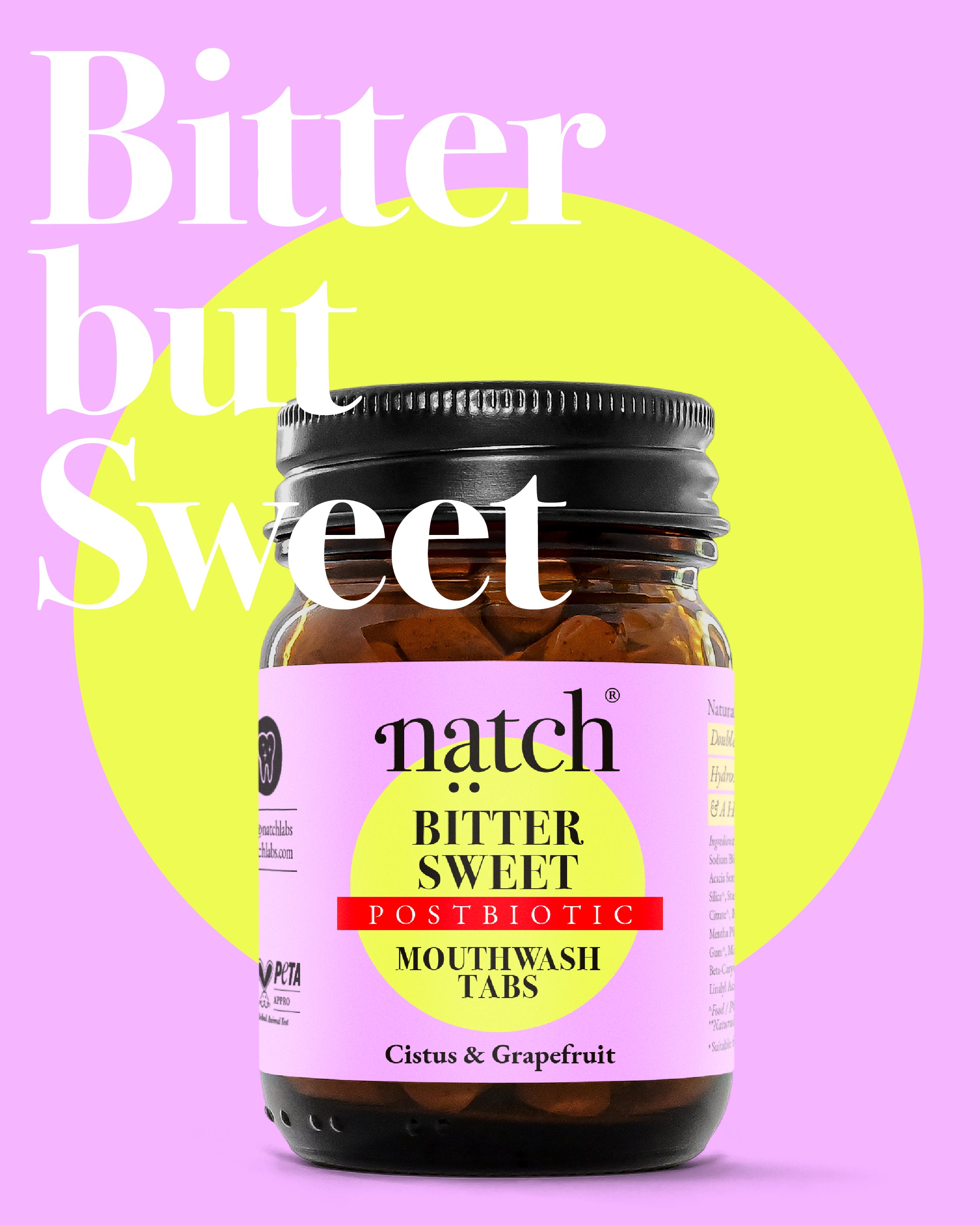 Bitter Sweet – Postbiotische Mundspül-Tabs (Mini Flasche). Powered by Cistus - botanische Schutzkraft der Natur.
