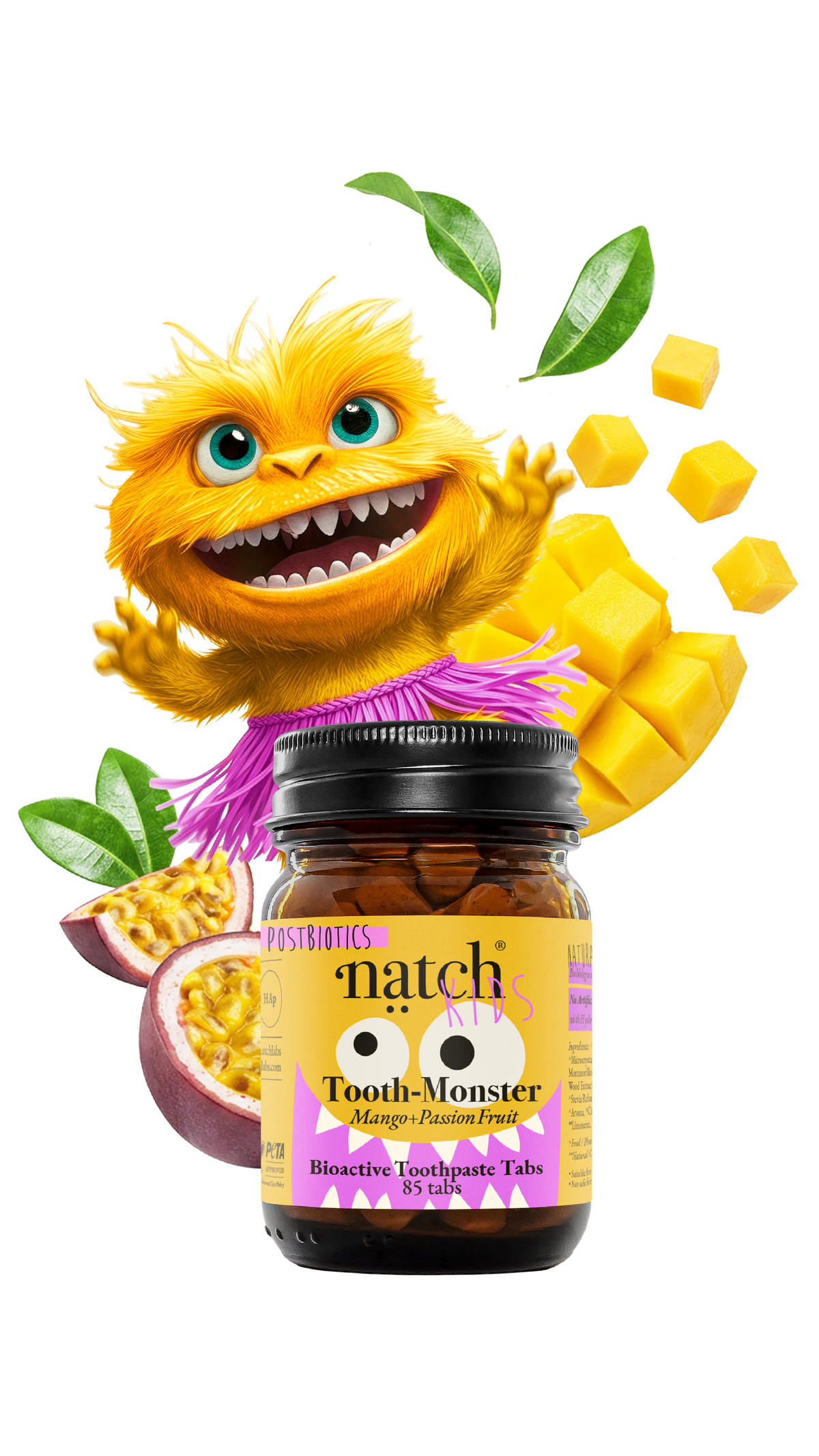 Tooth Monster Mango, Passion Fruit & Guava | Kids Toothpaste Tabs with Postbiotics
